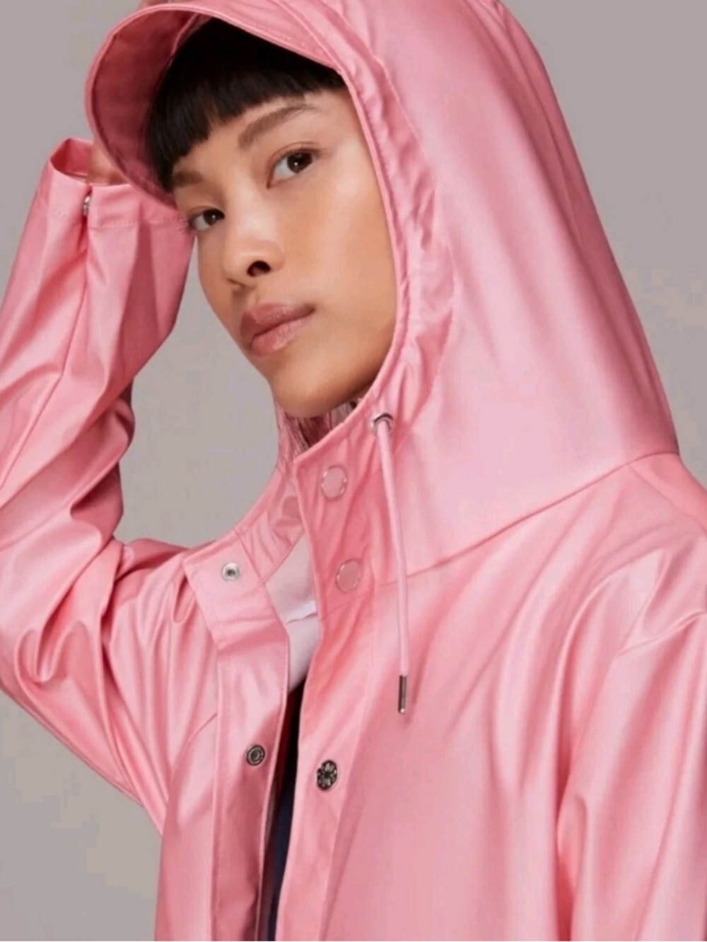 RAINS LONG RAIN JACKET TRENCH IN PINK SKY WITH HOOD UNISEX COASTAL CHIC SZ LARGE - Picture 4 of 13